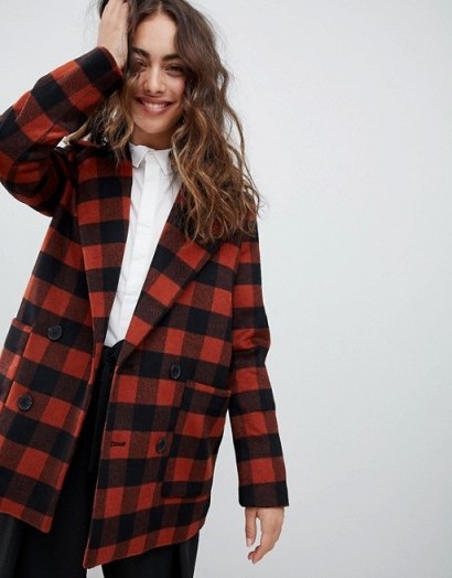 Monki Checked Double Breasted Jacket Brown / check print coats - flipped
