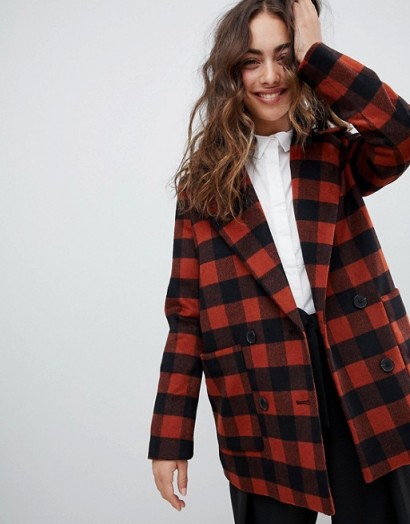 Monki Checked Double Breasted Jacket Brown / check print coats
