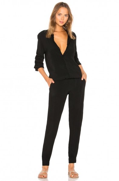 MONROW CREPE LONG SLEEVE JUMPSUIT in Black | front buttoned jumpsuits - flipped