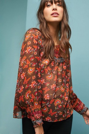 Ranna Gill Montrose Embroidered Peasant Top in Brown | floral and butterfly print blouse | autumn tones - flipped