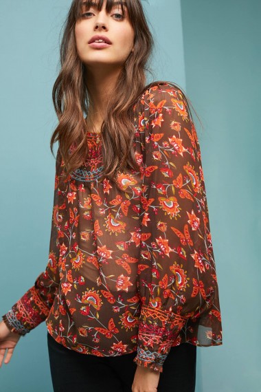 Ranna Gill Montrose Embroidered Peasant Top in Brown | floral and butterfly print blouse | autumn tones