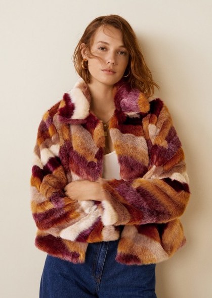 Mango Multicolor faux fur coat in maroon – 70s vintage chevron design – classic seventies fashion colours - flipped