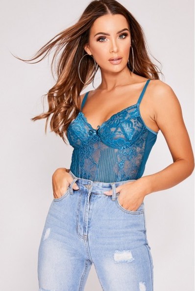 IN THE STYLE NADALIA TEAL LACE HIGH LEG BODYSUIT - flipped