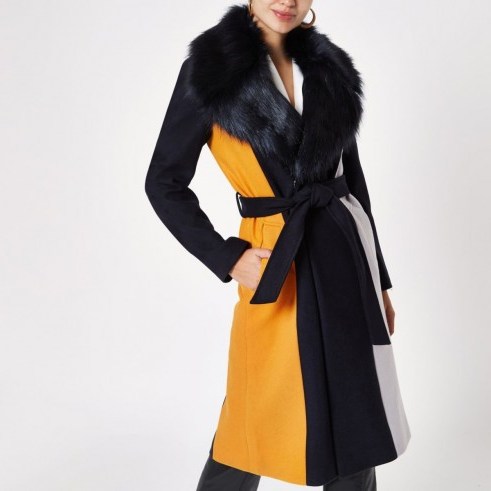 RIVER ISLAND Navy block print faux fur trim robe coat – glamorous winter coats - flipped