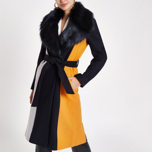 RIVER ISLAND Navy block print faux fur trim robe coat – glamorous winter coats