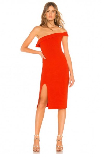 NBD KADE MIDI DRESS in Bright Red | off shoulder party frock - flipped