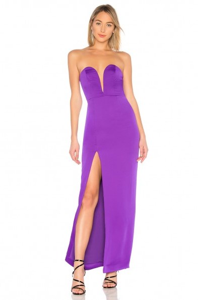 NBD SAWYER GOWN ULTRA VIOLET – purple strapless deep v front maxi - flipped