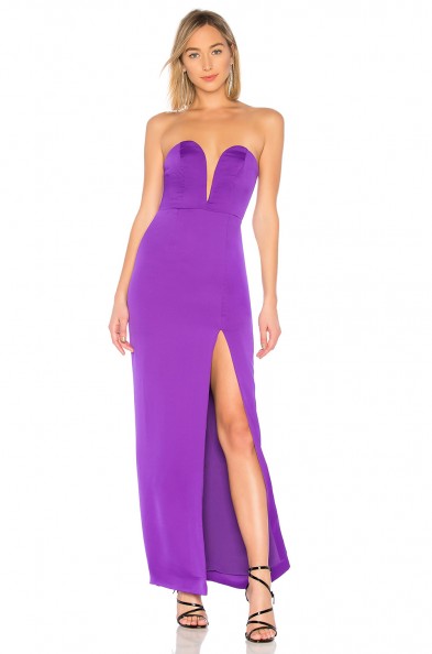 NBD SAWYER GOWN ULTRA VIOLET – purple strapless deep v front maxi