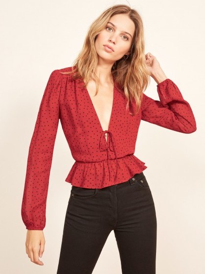 Reformation Nikki Top in Flamenco | red spot print plunge front blouse - flipped