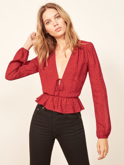 Reformation Nikki Top in Flamenco | red spot print plunge front blouse