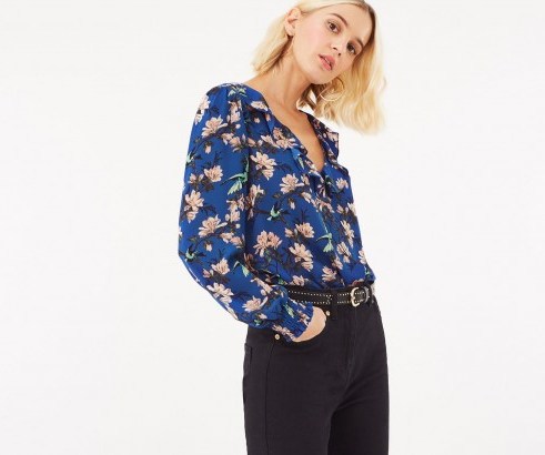 OASIS HERITAGE BIRD BLOUSE in Blue / pretty ruffled neck top - flipped