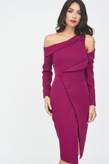 LAVISH ALICE off the shoulder long sleeve tuxedo midi wrap dress in purple - flipped