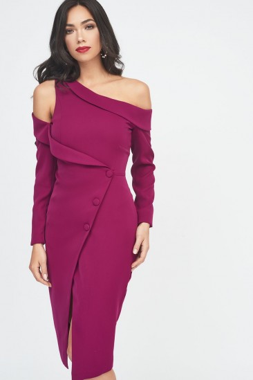 LAVISH ALICE off the shoulder long sleeve tuxedo midi wrap dress in purple