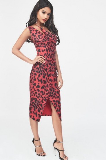 Lavish Alice one shoulder cutout midi wrap dress in red leopard | animal print party frock - flipped