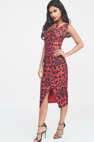 Lavish Alice one shoulder cutout midi wrap dress in red leopard | animal print party frock