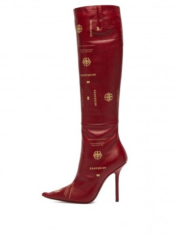 VETEMENTS Passport-print burgundy leather knee-high boots - flipped