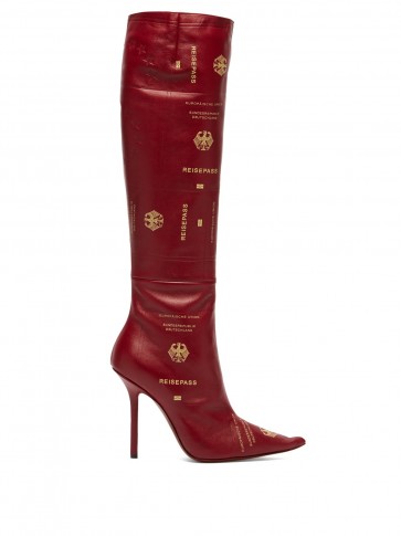 VETEMENTS Passport-print burgundy leather knee-high boots