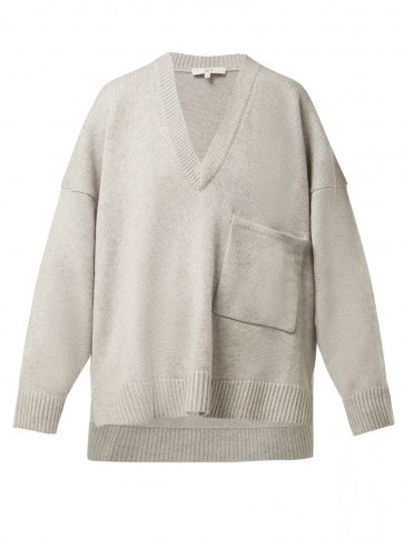TIBI Light-Grey Patch pocket cashmere sweater ~ oversized luxe V-neck - flipped