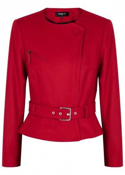 PAULE KA Red berry belted wool jacket ~ chic tailored jackets
