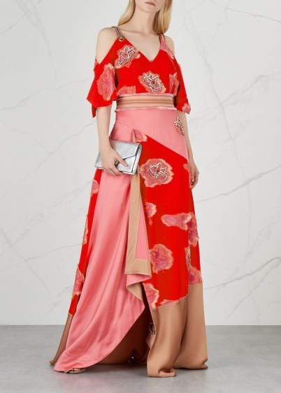 PETER PILOTTO Panelled open-shoulder satin gown ~ long red and pink embellished dress ~ luxe event wear - flipped