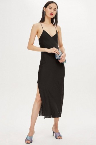 Topshop Plain Black Satin Slip Dress | thin straps | side slit - flipped