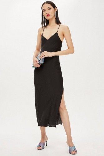 Topshop Plain Black Satin Slip Dress | thin straps | side slit