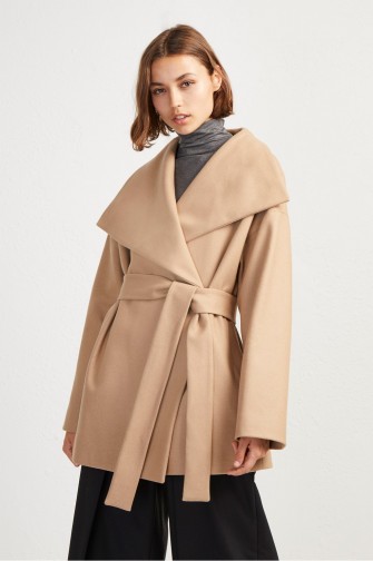 FRENCH CONNECTION PLATFORM FELT FUNNEL NECK COAT IN camel – chic wrap style – autumn coats