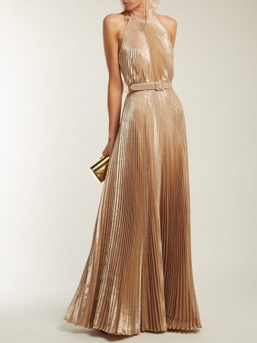 LUISA BECCARIA Rose-Gold Pleated halterneck gown ~ long metallic event dress