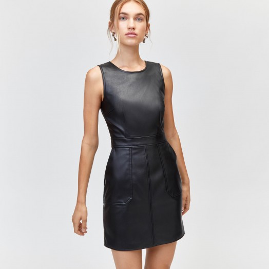 WAREHOUSE POCKET DETAIL PU DRESS in BLACK / faux leather
