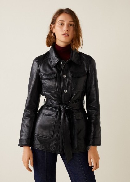 Mango Pockets black leather belted jacket – 70s vintage style fashion - flipped