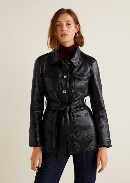 Mango Pockets black leather belted jacket – 70s vintage style fashion