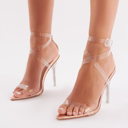 PUBLIC DESIRE POW STRAPPY PERSPEX HEELS IN ROSE GOLD ~ clear barely there sandals - flipped