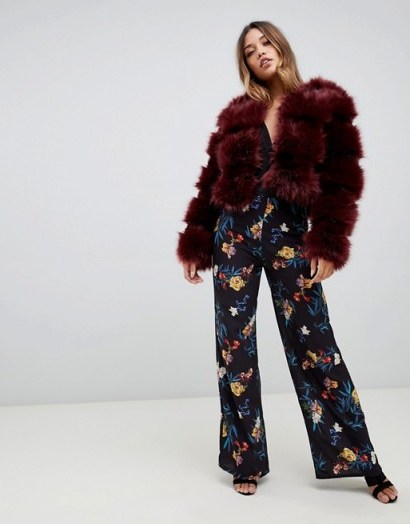 PrettyLittleThing cropped faux fur bubble coat in burgundy-red - flipped