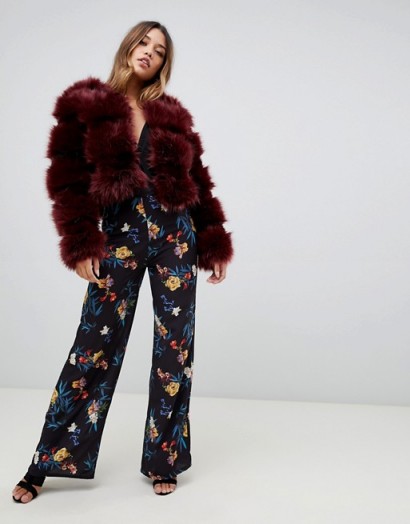 PrettyLittleThing cropped faux fur bubble coat in burgundy-red