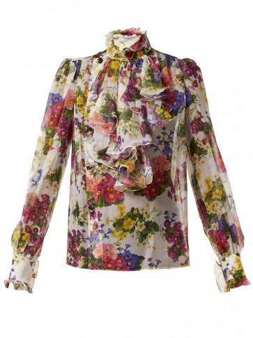 DOLCE & GABBANA Primrose-print white stretch silk-chiffon blouse / floral romance - flipped