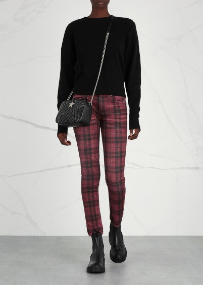R13 Kate dark-red plaid skinny jeans ~ tartan denim skinnies