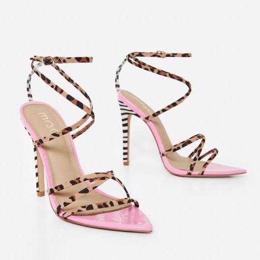 EGO Raja Animal Print Pointed Barely There Heel In Pink Patent ~ leopard strappy heels - flipped