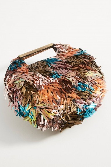 ANTHROPOLOGIE Ready To Party Embellished Clutch. ROUND FRINGED BAG - flipped