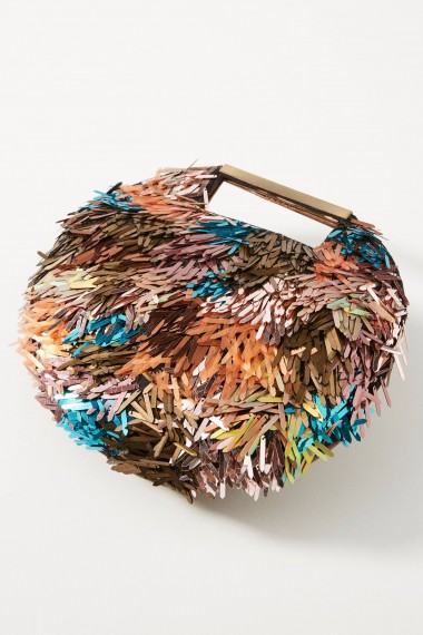 ANTHROPOLOGIE Ready To Party Embellished Clutch. ROUND FRINGED BAG