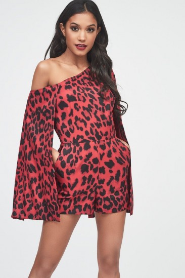 LAVISH ALICE red leopard print asymmetric one shoulder cape playsuit – animal print partywear