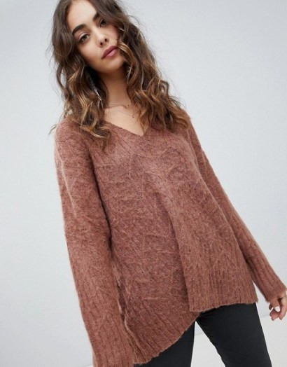 Religion fluffy knit oversized v-neck cable knit jumper in rich rust | baggy chevron design sweater - flipped