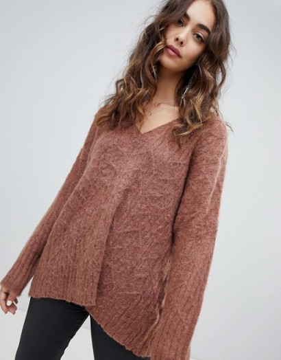 Religion fluffy knit oversized v-neck cable knit jumper in rich rust | baggy chevron design sweater