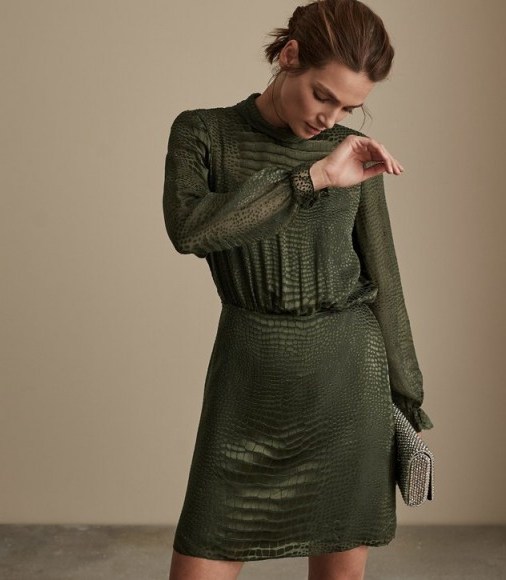 REISS RENATA BURNOUT SNAKE PATTERN DRESS KHAKI ~ glamorous green dresses - flipped
