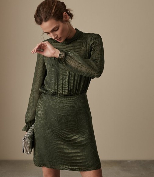 REISS RENATA BURNOUT SNAKE PATTERN DRESS KHAKI ~ glamorous green dresses