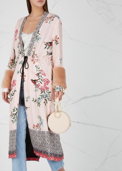 REPLAY Printed faux fur-trimmed kimono jacket in light-pink / floral kimonos - flipped