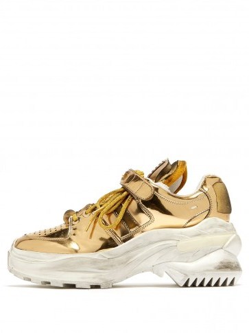 MAISON MARGIELA Retro Fit deconstructed low-top gold leather trainers ~ chunky metallic sneakers - flipped