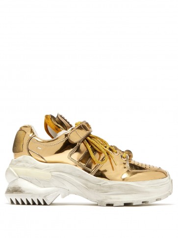 MAISON MARGIELA Retro Fit deconstructed low-top gold leather trainers ~ chunky metallic sneakers