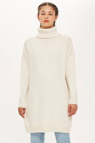 Topshop Ribbed Roll Neck Jumper in Oatmeal | longline sweater | high neck knitted dress - flipped