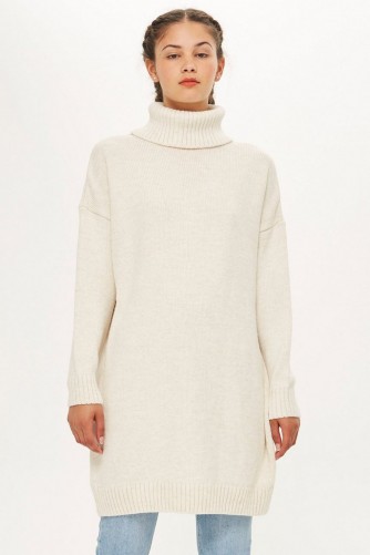 Topshop Ribbed Roll Neck Jumper in Oatmeal | longline sweater | high neck knitted dress