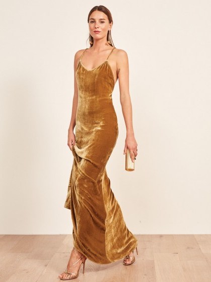 REFORMATION Rimini Dress Gold Velvet ~ long luxe slip - flipped